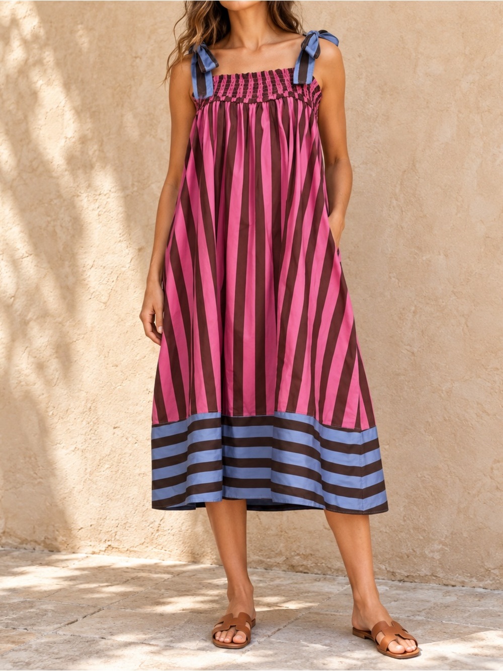 NWT BURU Pink Brown Striped Cotton Tie Shoulder Midi Dress L/XL